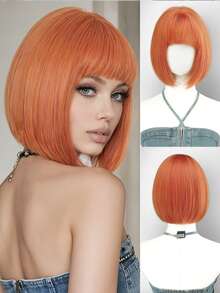 12 Inch Orange Short Bob Wig - Suitable For Beginners, Heat Resistant Synthetic Hair, With Bangs, Suitable For Daily Wear And Cosplay - Multicolor - View 1