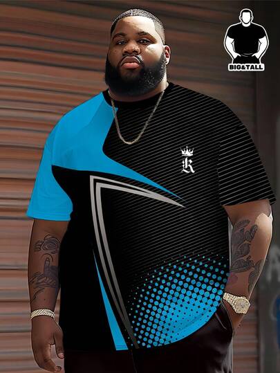 Plus Size Big & Tall Black & Blue Colorblock Geometric Lines & Polka Dot Textured Streetwear Tech Vibe T-Shirt With Crown R Luxury Logo Loose Fit Short Sleeve Top