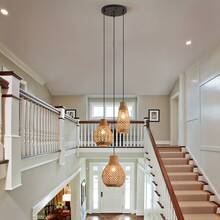 Bohemian Farmhouse Handwoven Rattan 3-Light Pendant Light, Adjustable Hanging Lamp Fixture Suitable For Bedroom, Kitchen, Farmhouse, E27 Bulb Socket, Semi-Flush Mount (Bulbs Not Included)