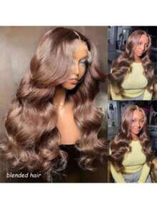 36英寸 13x4 高清蕾丝 180% 密度闭合式假发，真人混纺发，棕色假发，真人混纺发，预先拔毛，自然波浪闭合式假发，巴西真人混纺发，女士假发，13x4 蕾丝假发，10-36英寸 - 棕色 - 查看 2