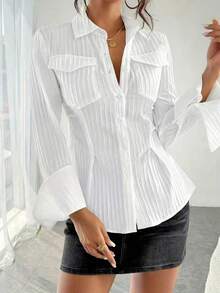 女士白色褶皱涤纶衬衫，翻领，喇叭袖，常规长度，纽扣前襟，春季款 - 白色 - 查看 3