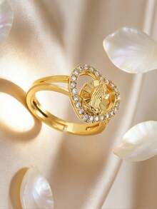 1枚18K镀金镶嵌锆石3D立体精美圣母玛利亚圣像可调节戒指，时尚宗教文化魅力饰品，女士佩戴