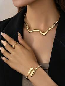Bộ trang sức thời trang cá nhân hóa theo phong cách Âu & Mỹ, gồm bông tai, vòng tay và dây chuyền lượn sóng hình giọt nước bất đối xứng, chất liệu đá dung nham lỏng, thích hợp cho phụ nữ đeo hàng ngày, làm quà tặng ngày lễ, hoặc dự tiệc bãi biển. - Vàng - Xem 8