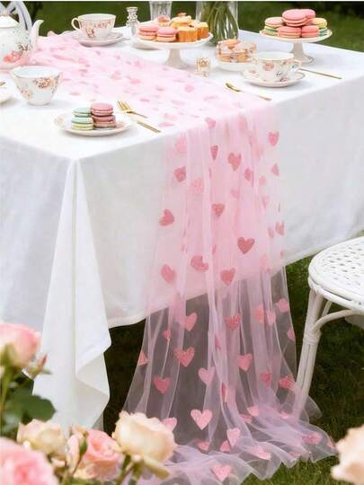1pc Elegant Pink Heart Tulle Tablecloth, Pink Gold Heart Pattern Wedding Birthday Transparent Tulle Mesh Gauze Table Runner Table Cover Wedding & Valentine's Day Decoration, Dining Settings, Reception Bridal Shower Babe Shower Gender Reveal Party Table Decorations