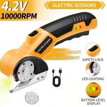 Gunting Listrik Tanpa Kabel 4.2V dengan Kunci Pengaman dan Lampu LED, Pegangan Ergonomis Anti Selip, Pisau Berputar 10000 RPM, Baterai 2000mAh, Cocok untuk Memotong Pakaian, Karton, Karpet, Kulit, Kain, dan Lainnya, Pemotong Karton, Pemotong Kain - MultiWarna - View 14