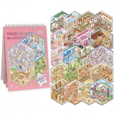 Livro de Adesivos 3D Infantil com 8 Cenários + Pinça | Caderno de Decoração Criativa para Criar Mini Mundos