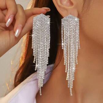 1 Pair Elegant Vintage Silver-Color AB Crystal Rhinestone Long Tassel Earrings, Suitable For Women
