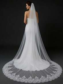 1件3米长蕾丝新娘头纱，象牙色柔软薄纱，适用于婚礼、婚纱摄影道具、新娘礼服配饰 - 乳白色 - 查看 9