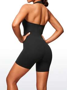 Mono ajustado con cuello halter y espalda descubierta, versátil y de moda casual, apto para yoga y uso diario, nueva llegada de primavera/verano - Negro - Ver 3