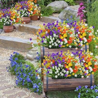 6束户外人造花卉，抗紫外线，仿真塑料植物，波士顿蕨类植物，绿植枝条，适用于春夏季室内花园、露台、窗台、厨房家居装饰，混色春夏装饰，抗紫外线仿真花卉，不褪色，仿真塑料植物，花园、门廊、窗台、花箱装饰