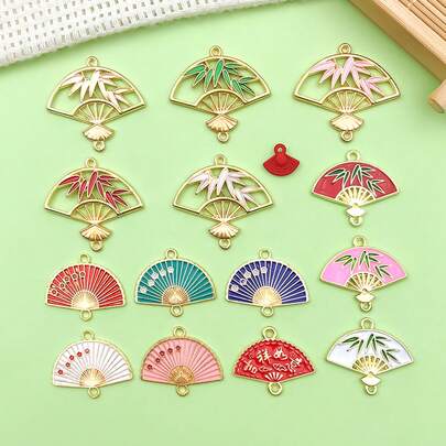 5/15pcs Chinese Style Alloy Enamel Flower Fan Charm Pendants For DIY Jewelry Making Craft Accessories For Necklaces, Bracelets