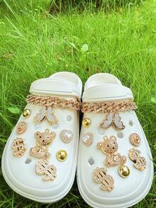 Conjunto de 18 peças de botões decorativos removíveis com strass dourado em formato de ursinho, corrente e flor para sapatos de jardim. Ideais para sapatos de praia, sapatos vazados, presentes de Natal e para todas as estações. - Ouro - Ver 6