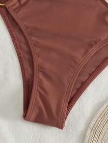 New Dusty Rose Circular Ring Ruched Halter Tie Back Sexy Backless One-Piece Swimsuit For Beach Vacation - Red Bean Paste Color - View 5