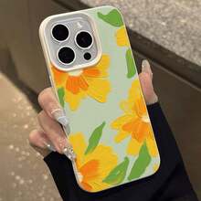 Pintura artística de flores amarillas sobre fondo verde. Esta elegante funda es compatible con los modelos  17, 16, 15, 14 Pro Max, 13, 12, 11, XR y XS Plus. Fabricada en silicona TPU, ofrece protección contra golpes y caídas, además de una sensación superior. Es un regalo ideal para familiares, amigos y seres queridos. - Blanco - Ver 2
