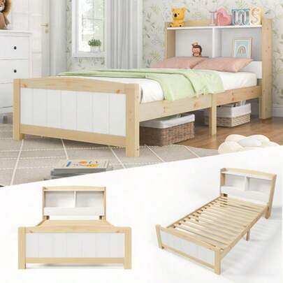 Solid Wood Single Bed With Storage Headboard, 90 X 200 Cm Bed Frame With Slatted Base, Wooden Bed With Headboard, Children's Bed, Youth Bed, Solid Pine, Natural And White (Without Mattress And Drawers)