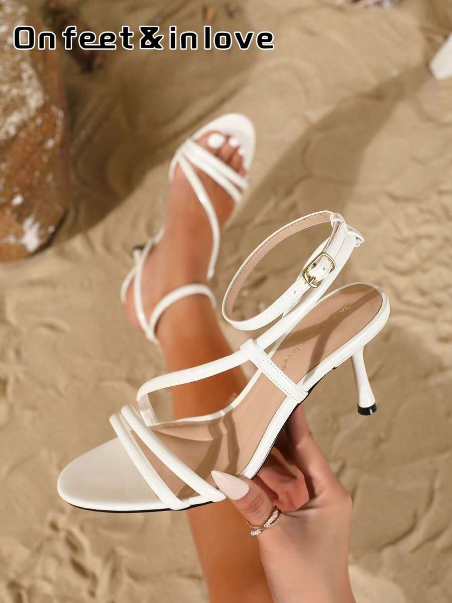 On feet& in love Women's Fashionable Elegant Round Toe Strap Open Toe High Heel Sandals, Suitable For Pairing With Party Dresses In Summer - White - View 1