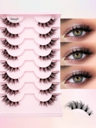 ENCHUW 8 Pairs Half Lashes Natural Look False Eyelashes Cat Eye Wispy Natural Half Eyelashes Clear Band Lashes