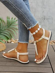 新款时尚女士绑带凉鞋，罗马风休闲一脚蹬凉鞋，黑色、米色、棕色可选；纯色编织舒适沙滩凉鞋；博主推荐厚底凉鞋；夏季沙滩鞋；优雅搭扣低跟圆头凉鞋；防臭防滑棉质面料串珠装饰简约户外拖鞋；百搭平底一脚蹬女士凉鞋 - 白色 - 查看 5