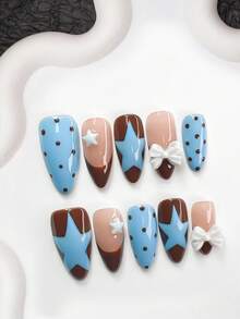 10pcs/Set Retro Sweet Style Gel Nail Stickers, Acrylic Press-On Nails, White 3D Star, Bow Nail Decor, Chocolate Polka Dot Pattern, Hand-Painted Blue Star Nail Art, Brown & Blue Nail Polish, Great Gift For Women & Girls, Nail Tools Included Nail Supplies Handmade Press On Nails - 彩色 - 查看 11