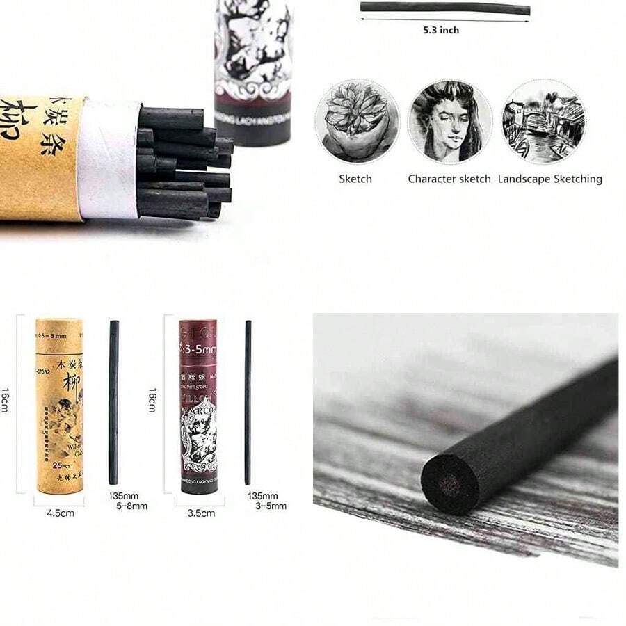 Lpices de carbn de vid, suaves, color negro, 25 palitos de carbn para dibujar, dibujar y bellas artes, lpices de carbn de sauce para dibujar (5-8 mm (25 piezas) - como se muestra en la figura - Ver 1