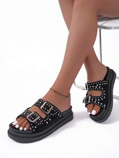 Summer Punk Rivet Double Buckle Thick Sole Women's Shoes, Black Suede Retro Double-Deck Exposed Toe Casual Women's Sandals, Resort Style Beach Slip-On Elegant Flat Slippers