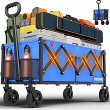 35 Inch L Long Wagons Carts Foldable, 360LBS Heavy Duty Collapsible Wagon With Wheels, Folding Wagon Portable Utility Cart Groceries, Shopping, Camping, Sports - 180升 + 藍色 - 查看 1