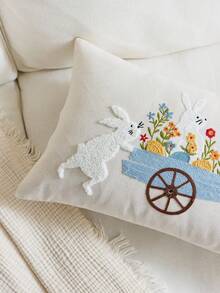 1pc Easter Bunny Embroidered Pillow Cover, Spring Floral Cushion Cover, Suitable For Indoor Decor, Spring/Summer Pillowcase, Pillow Insert Not Included - Multicolor - View 7
