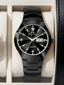 2pcs/Set Stainless Steel Men Women Couple Watches, Alloy Band Dial And Dual Calendar Date Display, Rhinestone Inlaid Marker Quartz Wristwatch, Valentine's Day Gift - Black - View 5