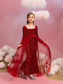 ALISA&LEO Tween Girl's Sequined Mermaid Formal Dress With Mesh Insert At Waist - Red - View 8