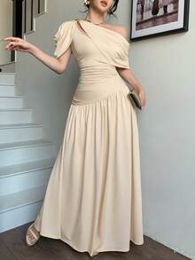 abyoxi Đầm xòe ôm eo xếp ly màu mơ dành cho nữ, thanh lịch và thời trang, phù hợp cho tiệc tùng, hẹn hò, kỳ nghỉ, đám cưới, các dịp trang trọng, tiệc chiêu đãi, Ngày Nhà giáo, Ngày của Mẹ, lễ tốt nghiệp, đầm dài co giãn ôm sát cho mùa xuân và mùa hè. - Màu be - Xem 3
