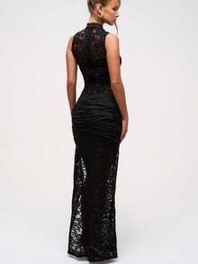 Women's Elegant Halter Neck Floral Lace Maxi Dress Sleeveless Cutout High Neck High Slit Side Cocktail Wedding Guest Dress - 黑色 - 查看 5