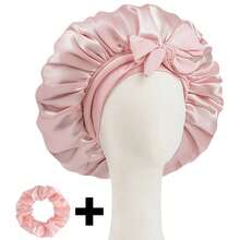 两件套奢华丝缎睡帽，包含丝缎发圈、大号柔软丝滑缎面蝴蝶结，优雅睡帽，可调节舒适贴合，系带式 - 男女通用护发产品，舒适荷叶边设计，贴合头部，保护秀发 | 丝缎睡帽 | 光滑丝缎