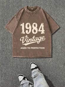 1984 Vintage Oversized T-Shirt - Aged To Perfection Stone-Washed Retro Distressed Black Tee With Vintage Print, Unisex Loose Fit Casual Streetwear For Men & Women, All-Season Comfort, Durable Hot Transfer Graphic - 咖啡棕 - 查看 4