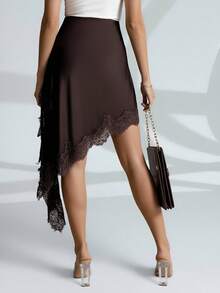 Chân váy ngắn ôm sát bất đối xứng phối ren gợi cảm dành cho nữ, kiểu dáng thanh lịch, thời trang, thích hợp cho các buổi đi chơi và hẹn hò mùa xuân. - Cà phê nâu - Xem 4