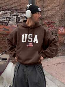 Men's Casual Everyday Commute Versatile Letter & American Flag Print Kangaroo Pocket Drawstring Hoodie, Autumn/Winter - Brown - View 1