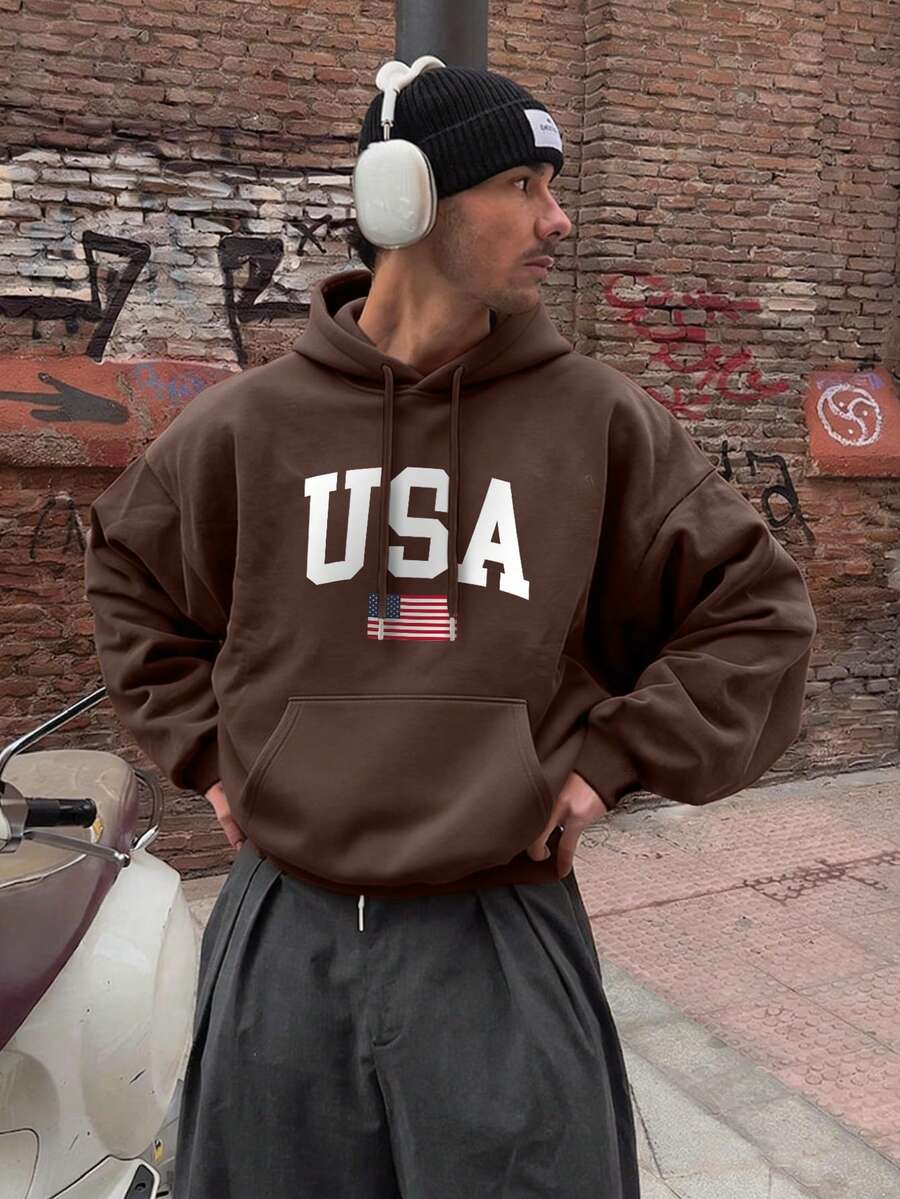 Men's Casual Everyday Commute Versatile Letter & American Flag Print Kangaroo Pocket Drawstring Hoodie, Autumn/Winter - Brown - View 1