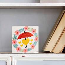 Decorative White Wooden Box With Red Umbrella, Yellow Hearts, And Pink Hibiscus Flowers - Tropical Summery Bright Cheerful Design For Home Decor Or Gift - White - View 2