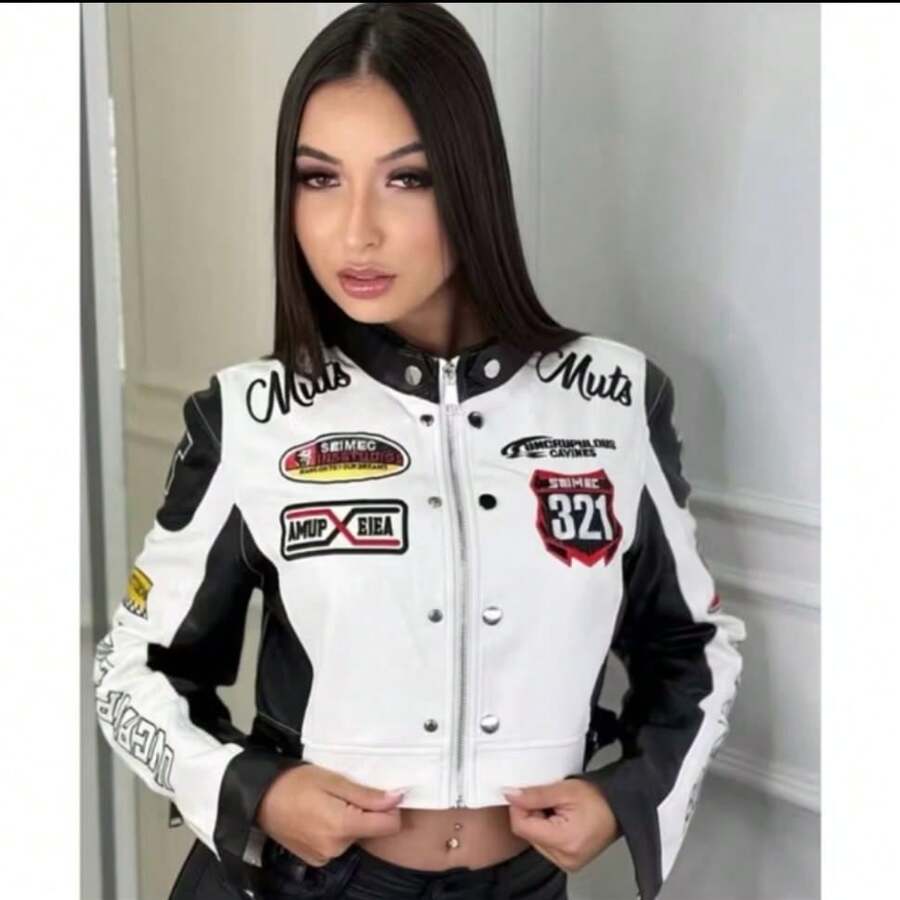 Women's Leather Motorcycle Jacket - White - View 1