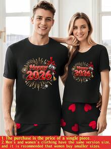 Fuegos artificiales dorados con campanas y la frase Happy 2026 simbolizando celebración y alegría de Año Nuevo camiseta de mujer 100% algodón 220g - Negro - Ver 1
