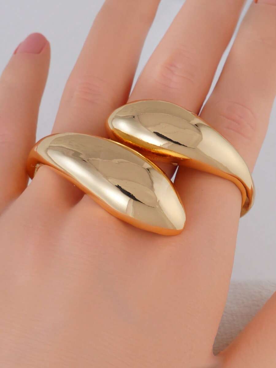 1PC Women's Fashion Teardrop Ring Golden Double Arc Finger Ring For Daily Wear - Yellow Gold - View 1