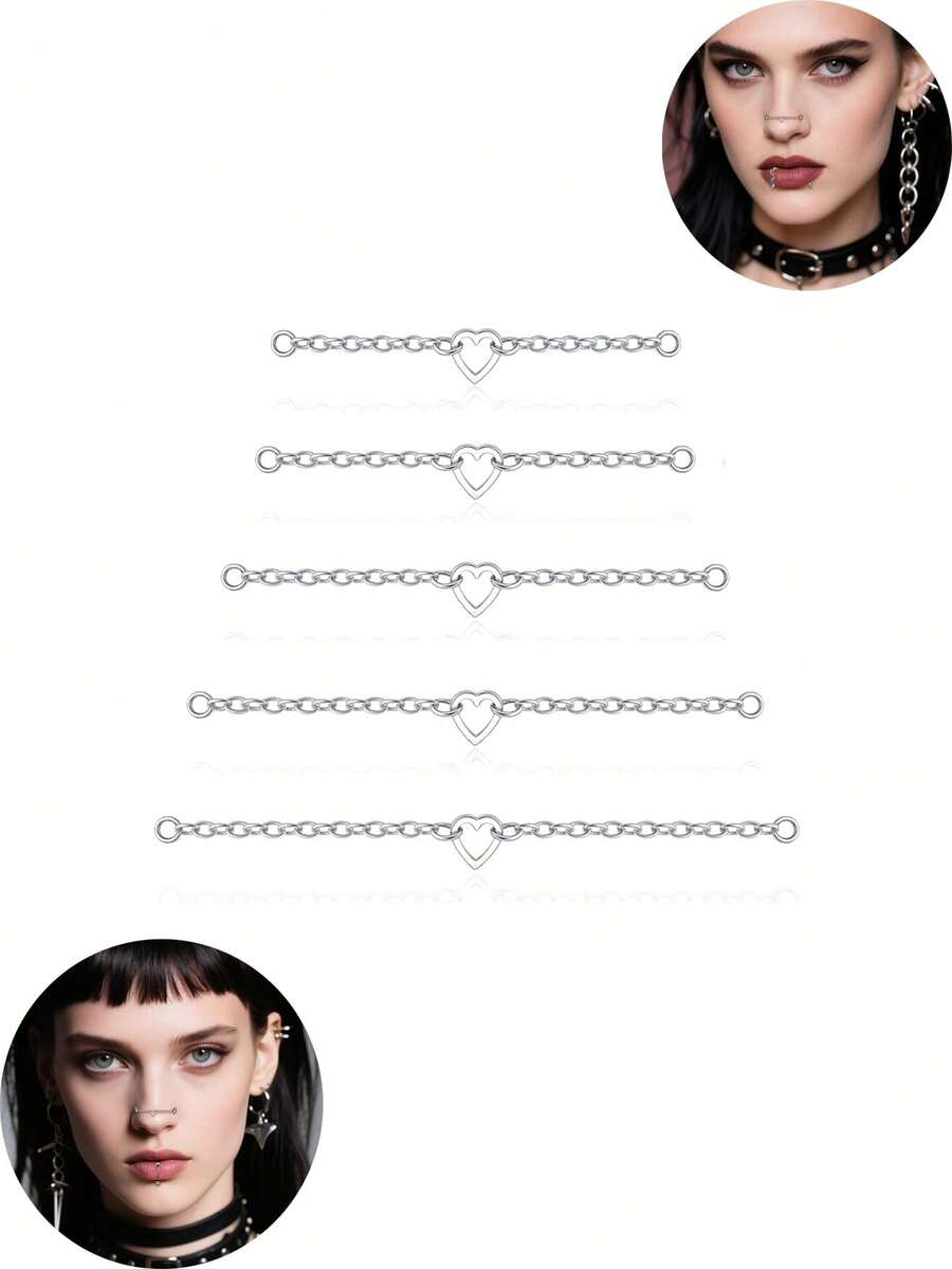 5件装鼻链穿孔不锈钢鼻环，横跨鼻梁，心形双鼻孔鼻梁饰品，男女通用，镀银，尺寸：32/35/40/45/50毫米 - 銀色 - 查看 1