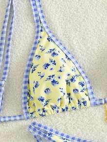 新款随机花卉格纹印花女士比基尼两件套，配有可调节肩带，适合夏季海滩度假、性感海滩派对和休闲穿着。 - 黃色 - 查看 4