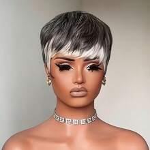 1顶4英寸短款1B/34/60混色真人发假发，150%密度，精灵短发，带刘海和层次感，三色渐变，黑色、灰胡椒色和白色，多色玫瑰网帽，直发，日常佩戴舒适，适合派对佩戴 - 彩色 - 查看 7