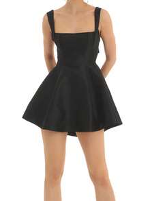 Women's Sexy Backless Tank Dress Square Neck Sleeveless Bow Knot Tie Back Bodycon Satin Flowy A Line Mini Dresses Party Graduation Dress Club Night Short Dress Birthday Dresses For Women Black Dress - màu đen - Xem 3