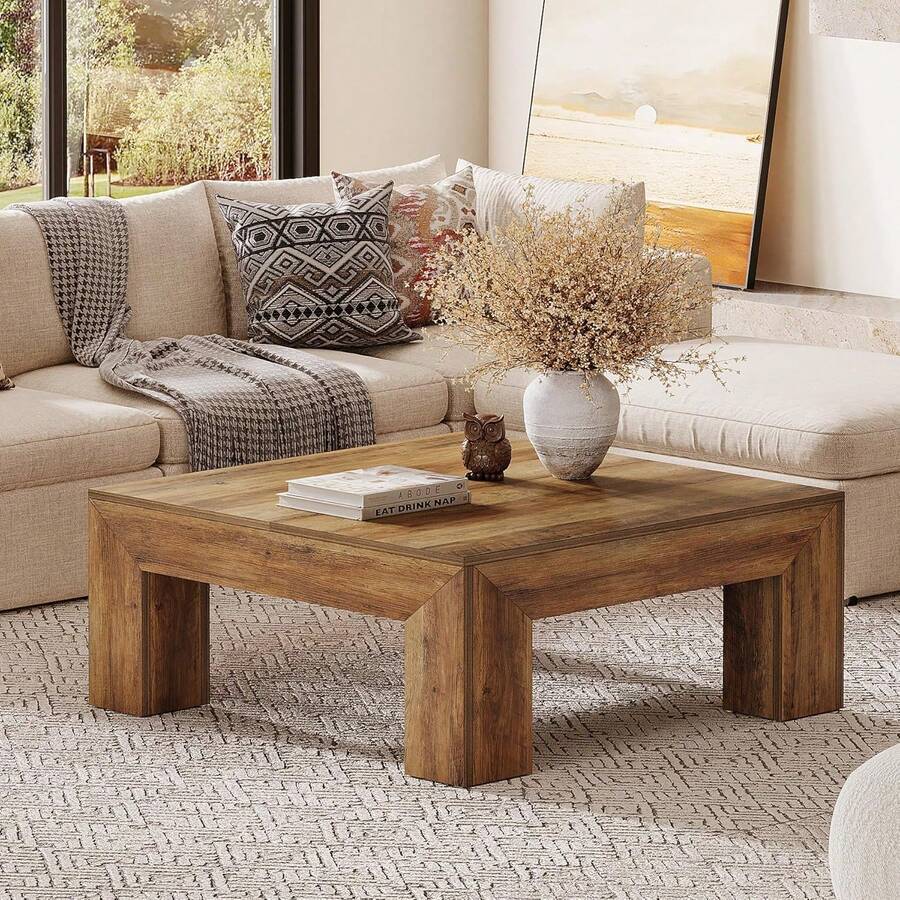 LITTLE TREE Farmhouse Square Coffee Table, 39.37-Inch Large Center Table For Living Room With Sturdy Legs, Low Profile Accent Tea Table, Easy Assembly, Rustic Style - Brown - View 1