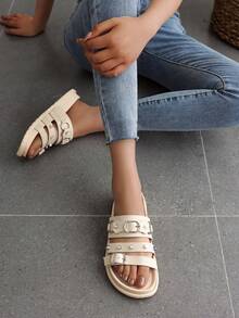 女士休闲铆钉套脚凉鞋，露趾舒适平底沙滩拖鞋 - 米色 - 查看 1