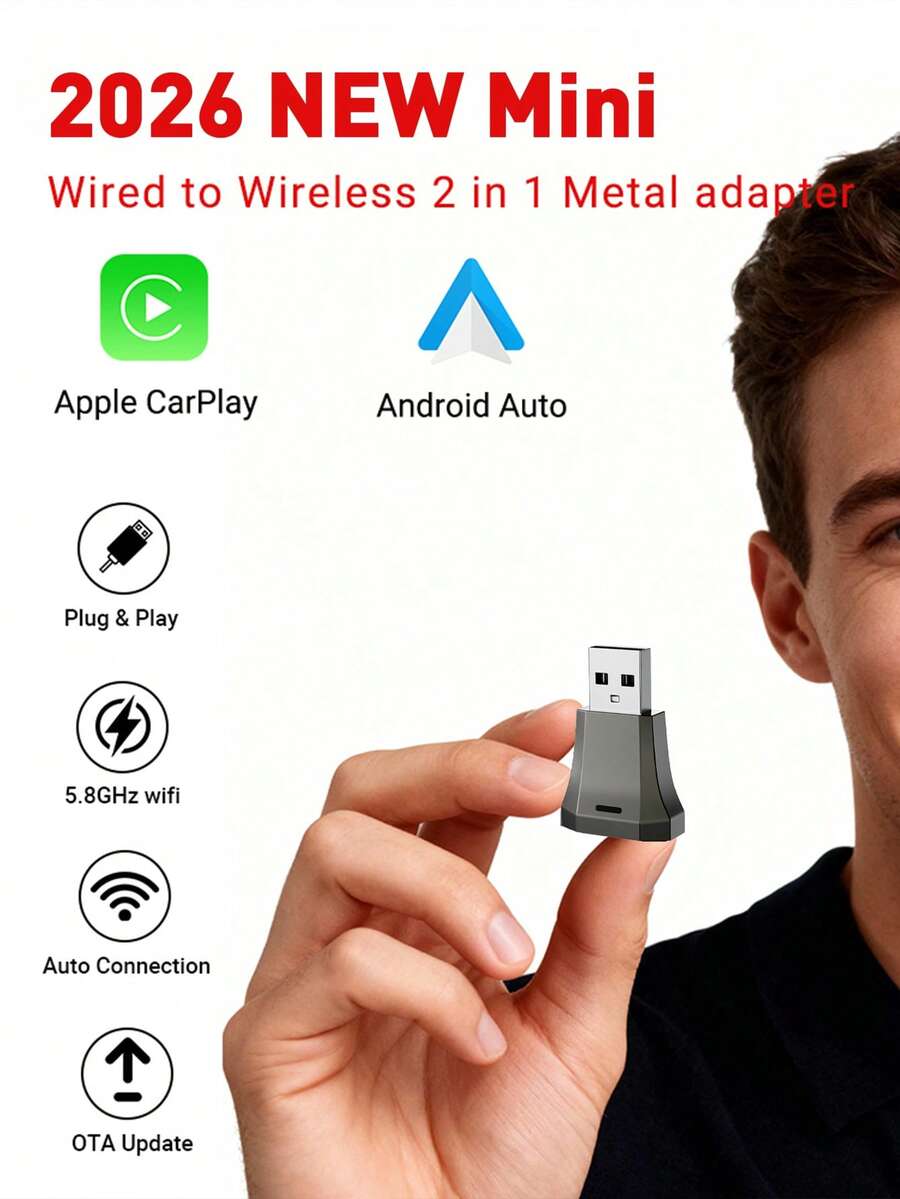 XUDA 2026 New Compact & Elegant Smart Box, 2-In-1 Wireless CarPlay & Android Auto Mini Adapter, New CarPlay Converter, Fast Auto Connection, No Delay, Car Accessories, Wired To Wireless, Compatible With IPhone & Android, With USB/USB-C Port - B - View 1