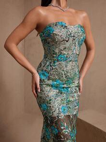 Women's Elegant Beaded Double-Layer Bustier Formal Dress, Suitable For Wedding Guest - Green - View 7