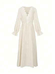 Bohemian High Waist Floral Lace Maxi Dress With V-Neck And Flowy Sleeves Elegant - Apricot - View 6