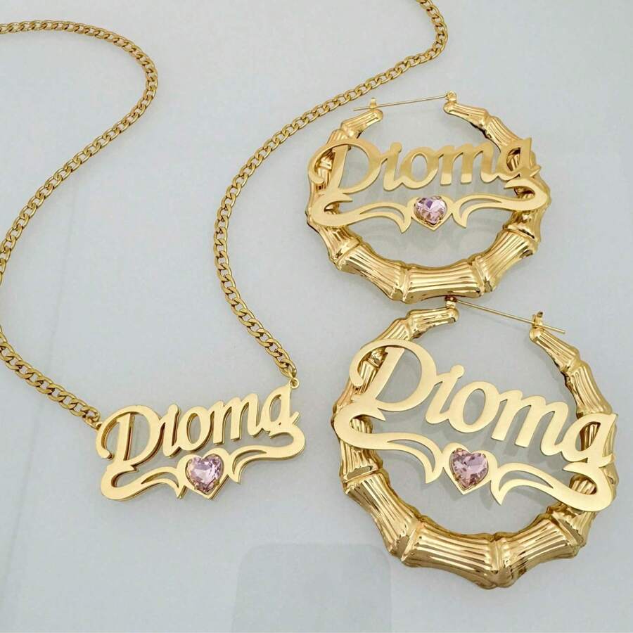 个性化生日首饰套装 - 定制名字项链和耳环，个性化名字首饰套装 - 定制名字吊坠项链和耳环，生日石心形吊坠，钻石项链，名字耳环，生日石首饰，女士礼物，镀金个性化首饰，适合女性、女孩和青少年